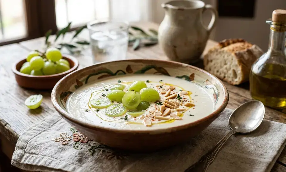 Ajoblanco — pale white almond and garlic cold soup in a wide bowl, with a small baked potato on the side