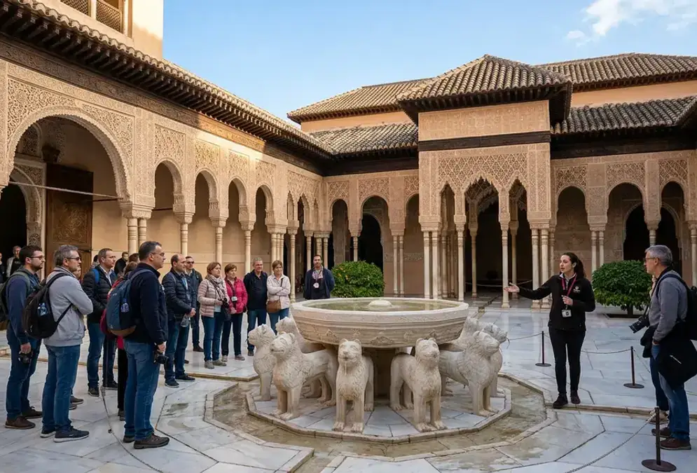 The Court of the Lions in the Alhambra's Nasrid Palaces, with its central alabaster fountain and 124 marble columns