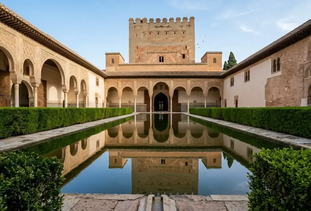 The Court of the Myrtles reflecting pool in the Nasrid Palaces, Alhambra, Granada, a central element of the alhambra water system with the Comares Tower reflected in still water