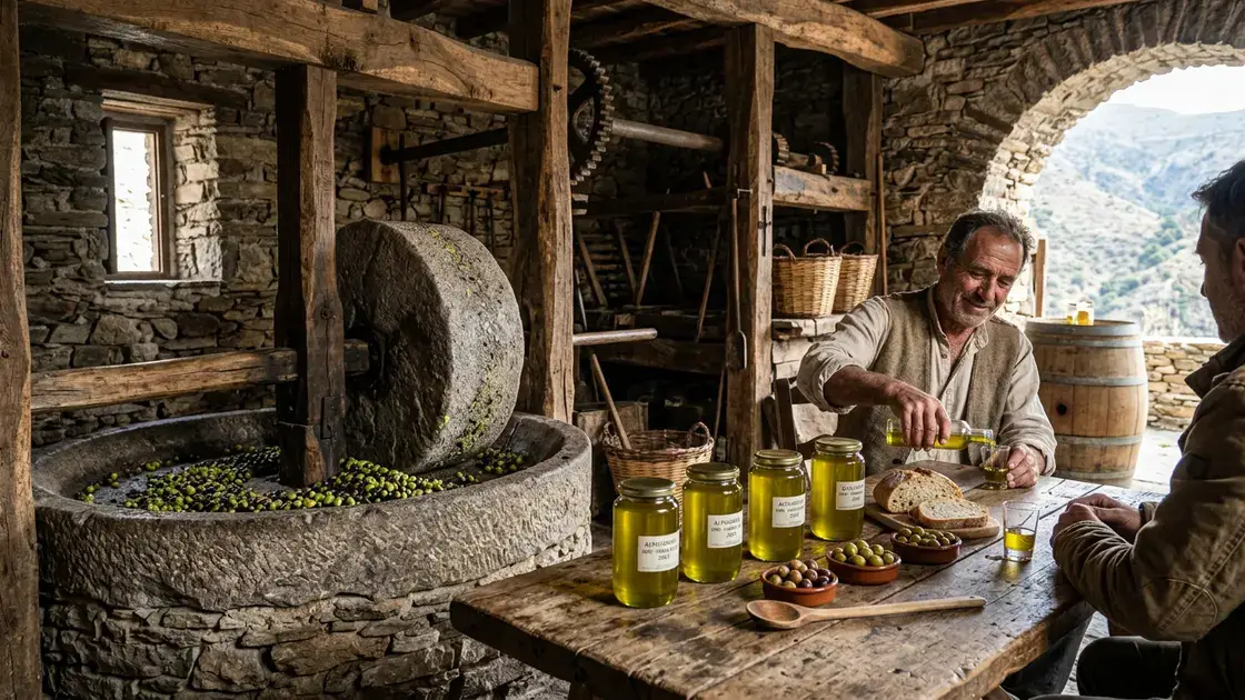 Stone olive mill with traditional press wheel in a 15th-century mill near Granada's Alpujarras, with golden olive oil in glass jars on a wooden tasting table