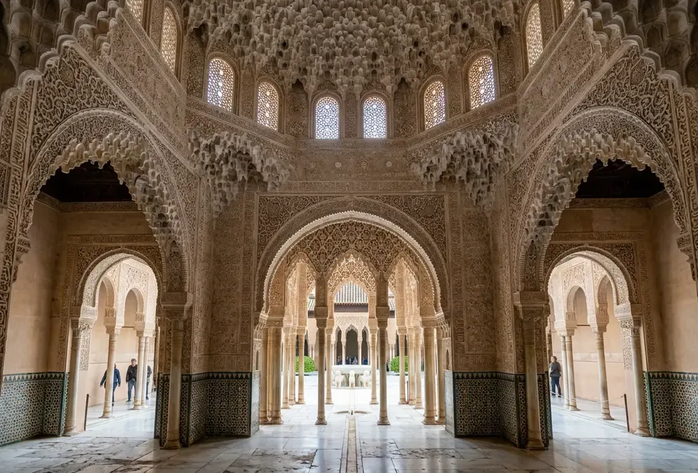 Interior of the Alhambra's Nasrid Palaces, Granada — ornate muqarnas ceiling and horseshoe arches, the palace handed over by Boabdil, last Moorish king, in 1492
