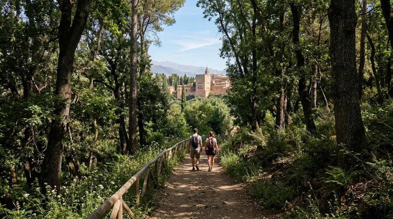 Dappled light through the elm and oak canopy of the Bosque de la Alhambra, Granada, with the Pilar de Carlos V fountain on the cobbled path