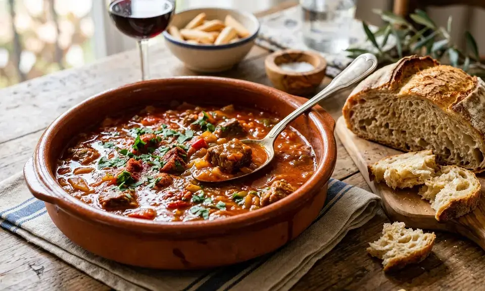Carne en salsa granadina — chunks of slow-cooked meat in a deep rust-coloured almond and paprika sauce in an earthenware cazuela