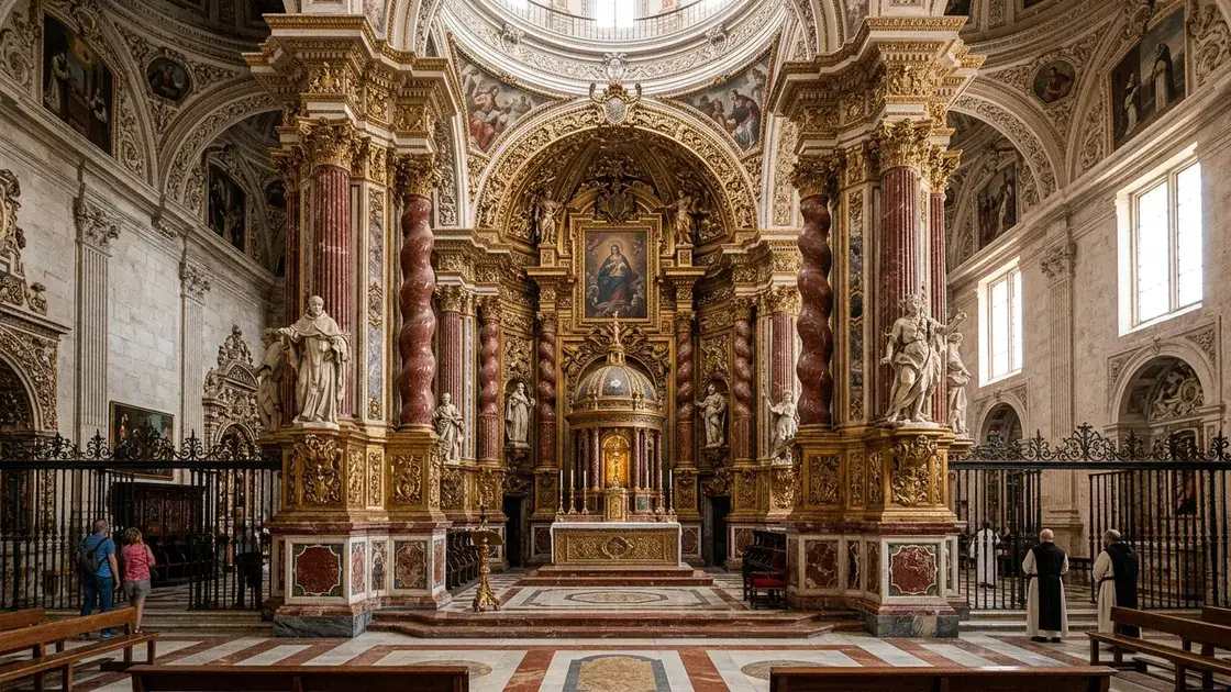 Churrigueresque Sagrario of La Cartuja monastery in Granada, with gilded stucco, marble inlay and red jasper columns