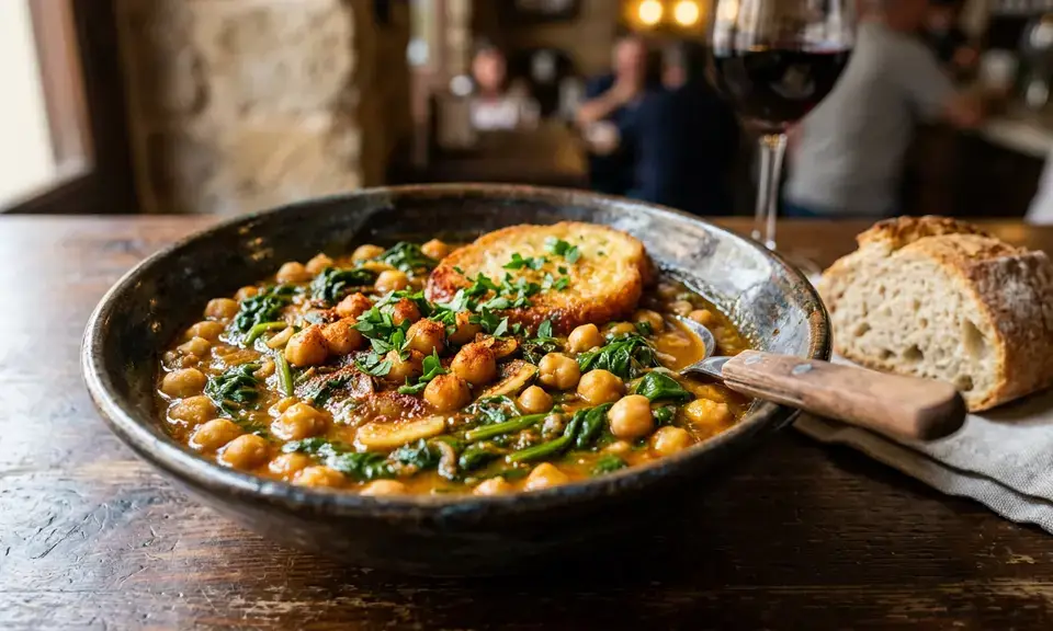 Bowl of espinacas con garbanzos — spinach and chickpea stew in red-tinged sauce with fried bread on the rim