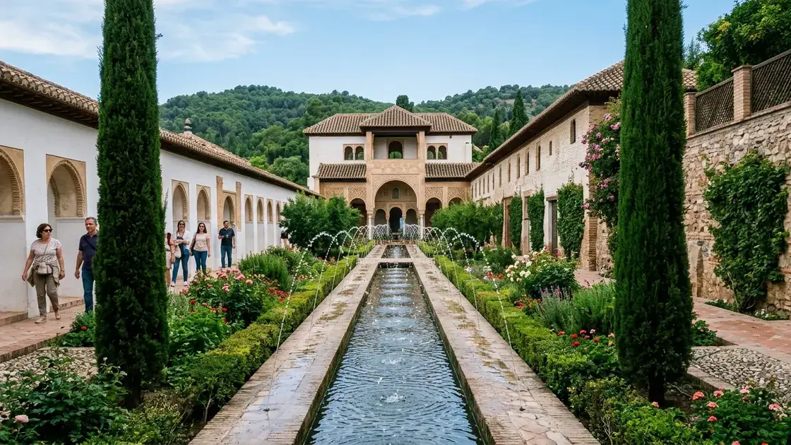 The Patio de la Acequia in the Generalife gardens, Granada — long water channel with arching jets flanked by cypress trees and the Nasrid mirador beyond