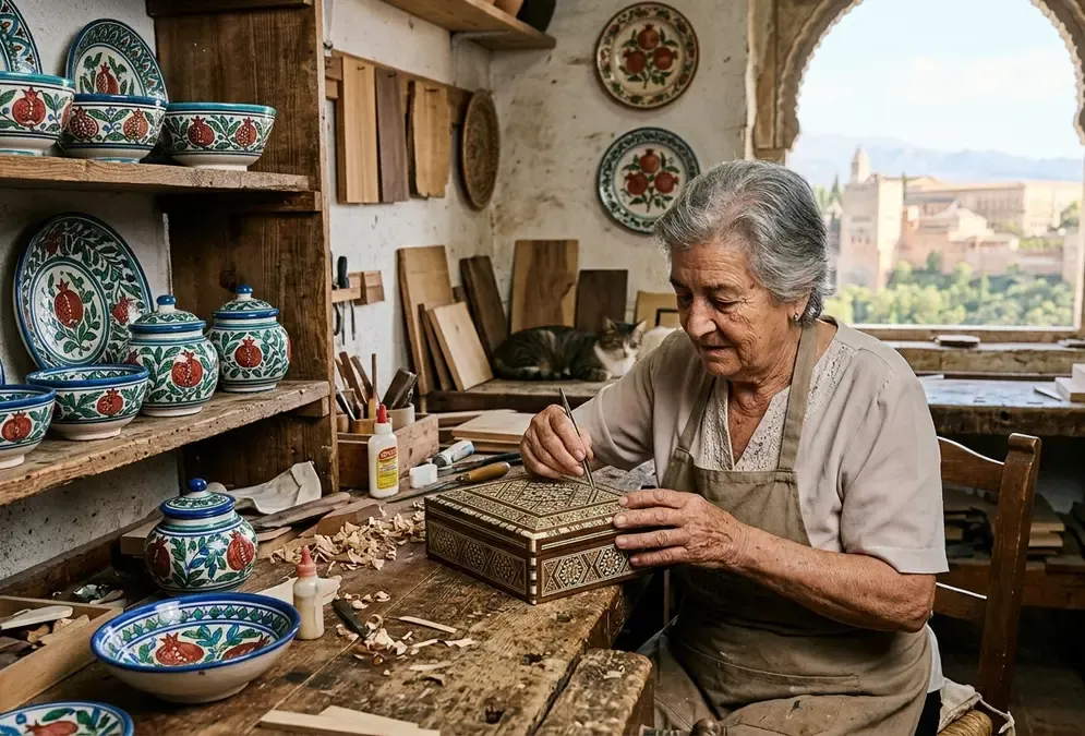 Granada artisan crafts — taracea marquetry boxes and Fajalauza blue-and-green ceramics with pomegranate motifs at an Albaicín workshop