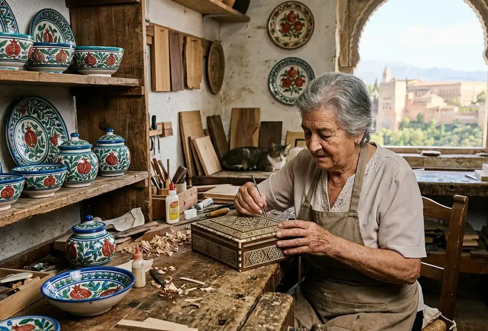 Granada artisan crafts — taracea marquetry boxes and Fajalauza blue-and-green ceramics with pomegranate motifs at an Albaicín workshop