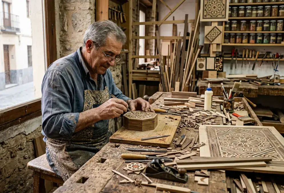 Taracea marquetry workshop in Granada with geometric wood inlay pieces on a craftsman's bench