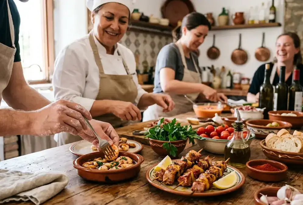 Participants cooking in a traditional cave kitchen in Sacromonte, Granada, preparing Andalusian dishes