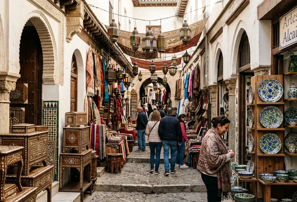 The narrow lanes of the Alcaicería in Granada — horseshoe arches and hanging lanterns above craft stalls selling taracea woodwork and fajalauza ceramics