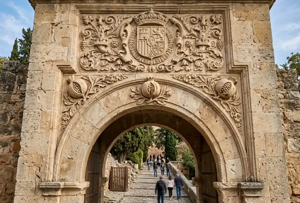 Stone pomegranate carvings above the Puerta de las Granadas arch in Granada, the granada pomegranate symbol against carved Renaissance stonework