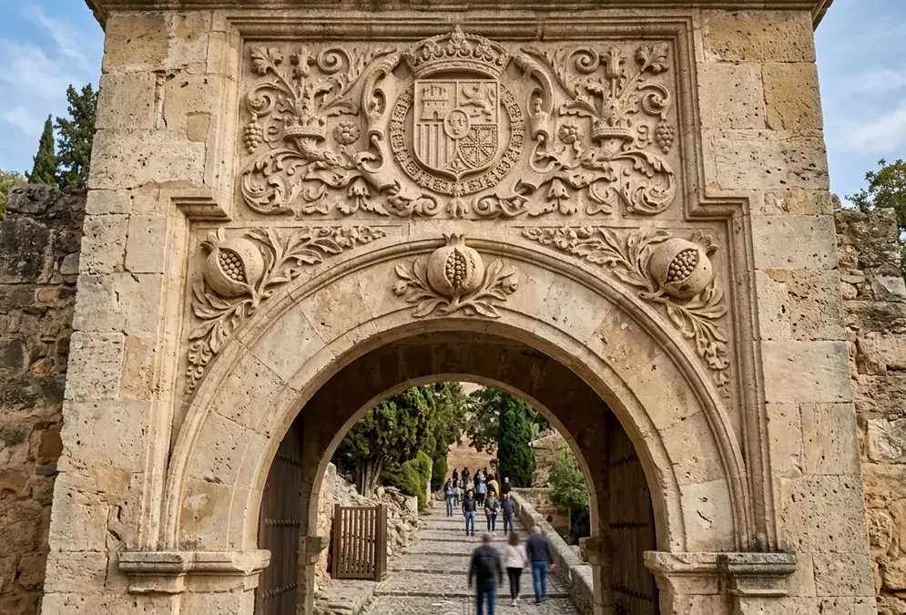 Stone pomegranate carvings above the Puerta de las Granadas arch in Granada, the granada pomegranate symbol against carved Renaissance stonework