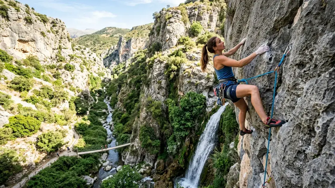 Climber on compact limestone rock face at Los Cahorros canyon with waterfall visible in background and green vegetation-lined canyon walls