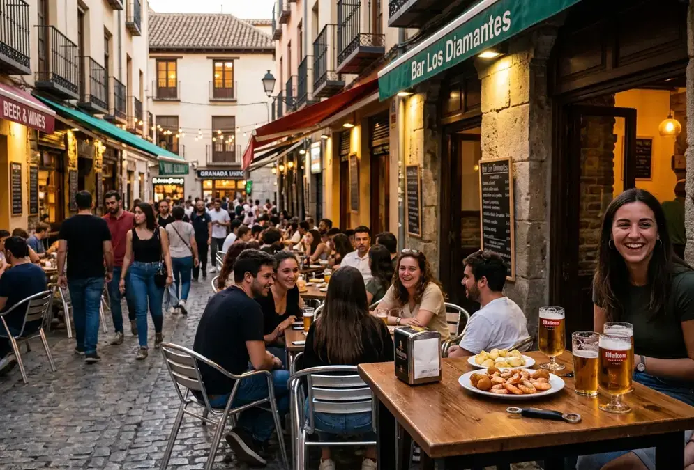 Calle Pedro Antonio de Alarcón in Granada at dusk — students on bar terraces, free tapa plates and beer glasses on outdoor tables, warm evening light on university quarter buildings
