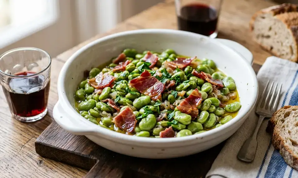 Cazuela of habas con jamón — broad beans stewed with strips of cured ham and a fried egg on top