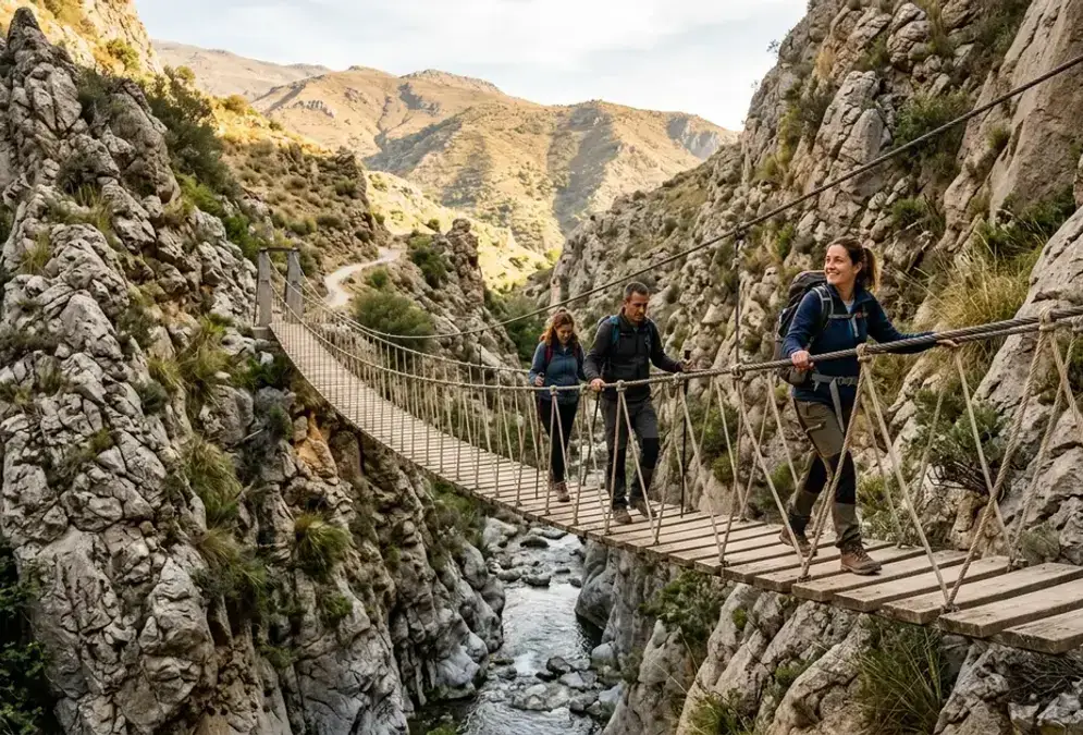 Hiker crossing a rope suspension bridge over the Monachil river gorge in Los Cahorros, Sierra Nevada foothills near Granada