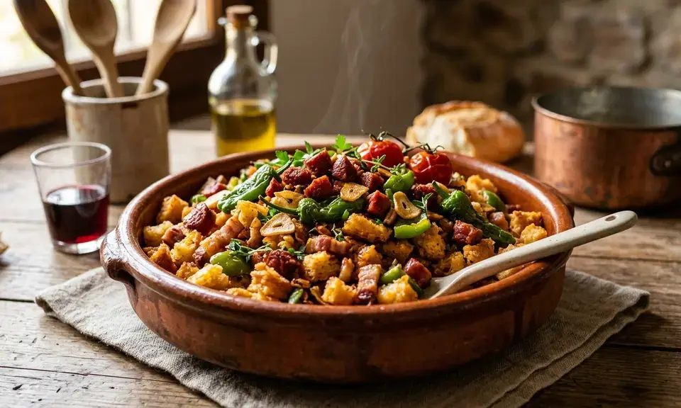Migas granadinas — fried stale bread with chorizo, garlic, and green peppers in a clay pan, Granada