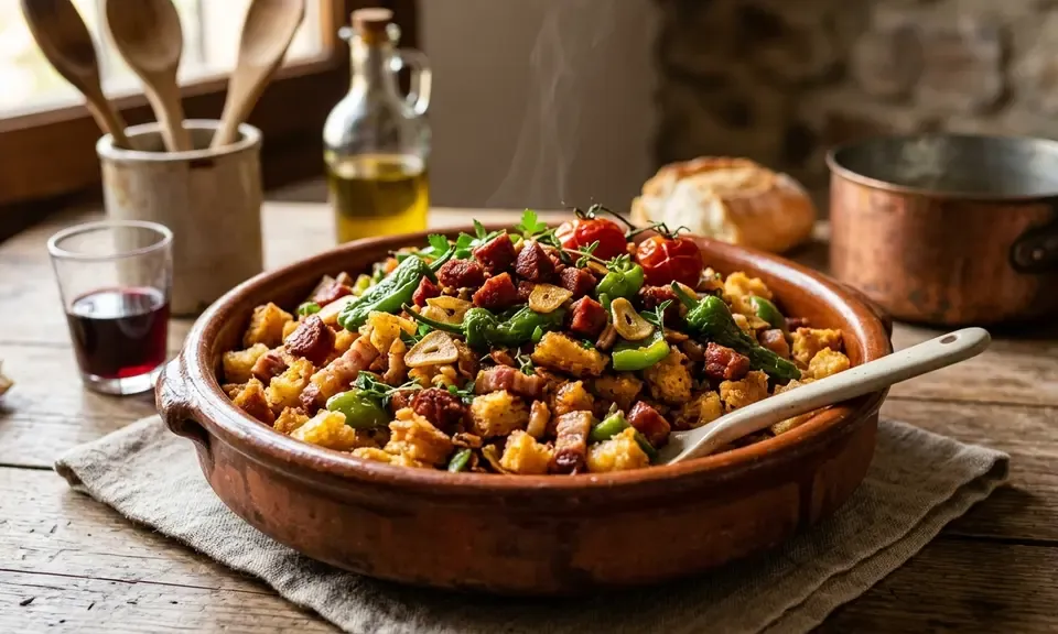 Migas granadinas — fried stale bread with chorizo, garlic, and green peppers in a clay pan, Granada