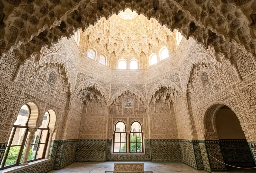 Hall of the Two Sisters in the Nasrid Palaces of the Alhambra, Granada, with muqarnas stalactite vault and arabesque stucco walls, built under Nasrid dynasty sultan Muhammad V