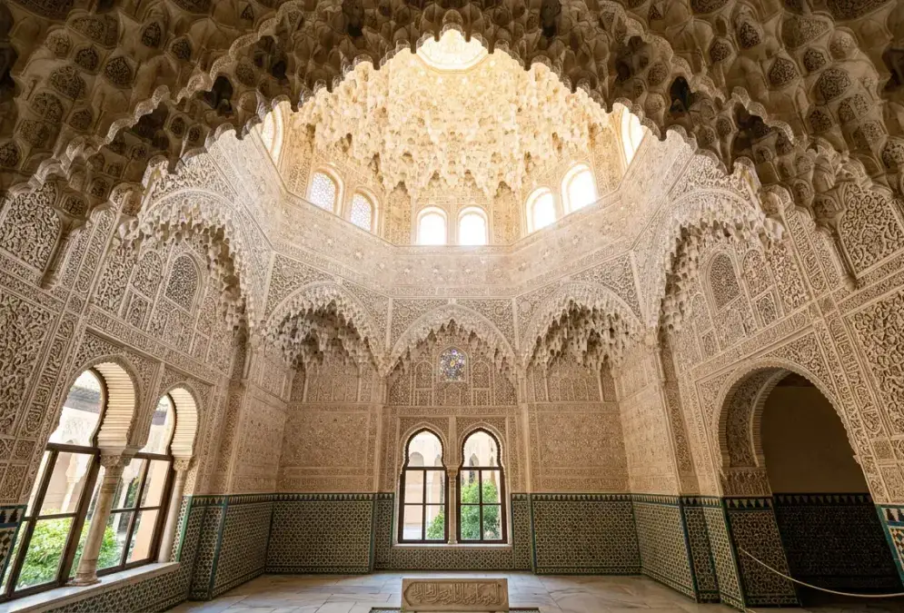 Hall of the Two Sisters in the Nasrid Palaces of the Alhambra, Granada, with muqarnas stalactite vault and arabesque stucco walls, built under Nasrid dynasty sultan Muhammad V