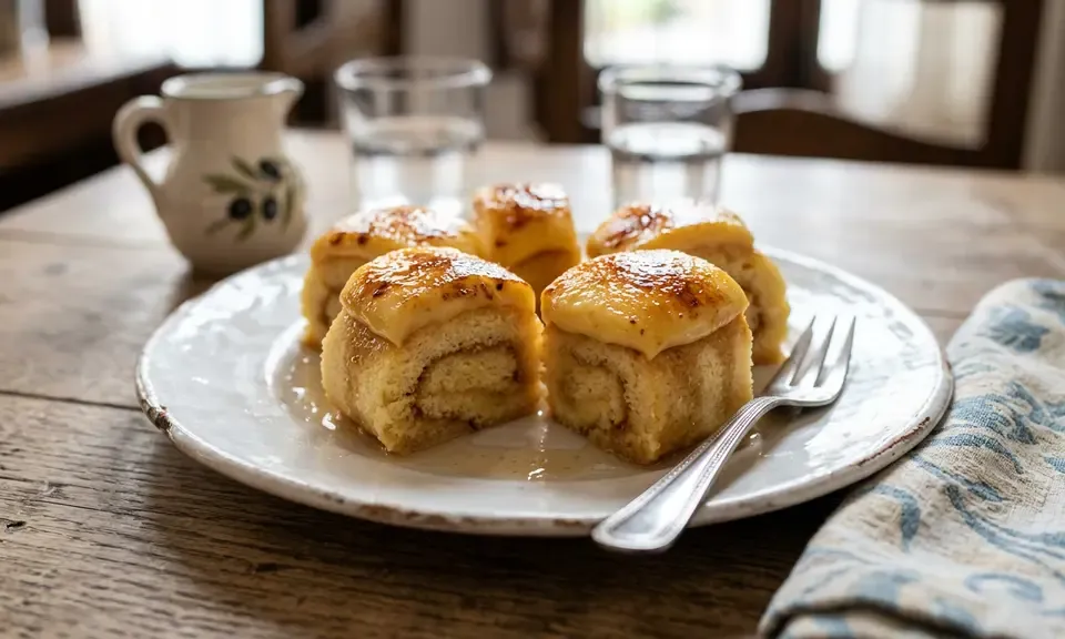 Pionono de Santa Fe — a caramelised cream-topped sponge cake cylinder from Granada