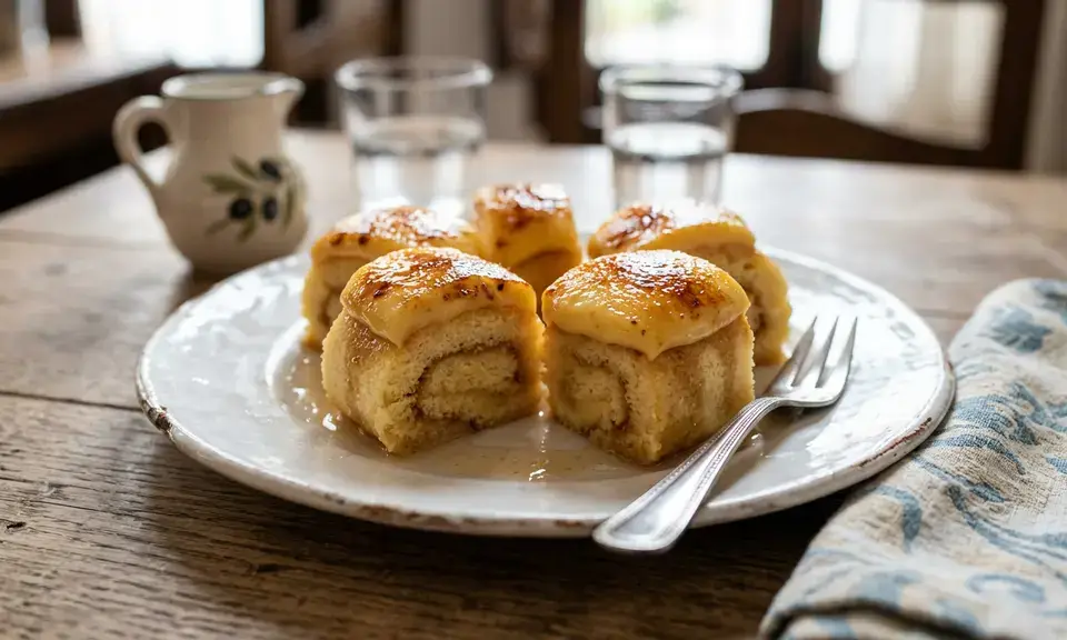 Pionono de Santa Fe — a caramelised cream-topped sponge cake cylinder from Granada