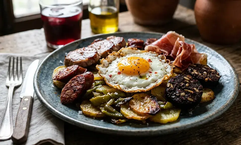 Plato alpujarreño — a platter of fried eggs, chorizo, morcilla, jamón, and oil-cooked potatoes on a wooden board