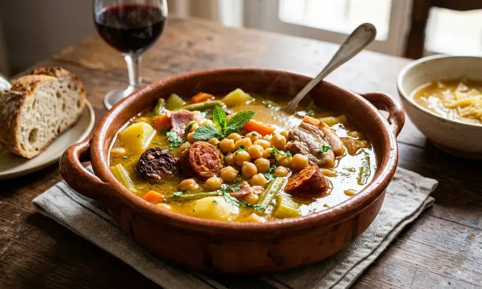 Puchero granadino — a deep amber broth in a white bowl with pork meats and white beans alongside on a ceramic plate
