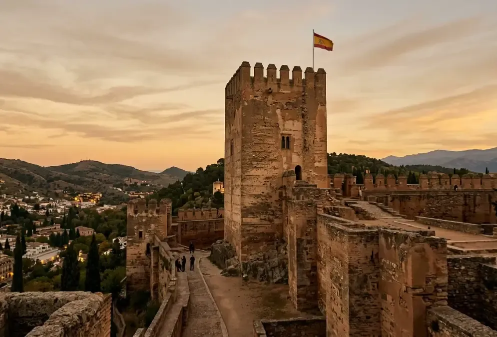The Torre de la Vela of the Alhambra's Alcazaba at dusk, Granada, the tower where Ferdinand's standard was raised on 2 January 1492, marking the end of the Reconquista