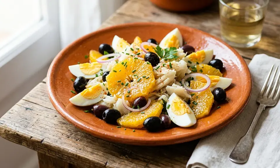 Remojón granadino — salt cod flakes and orange segments on a plate with black olives and red pepper in olive oil