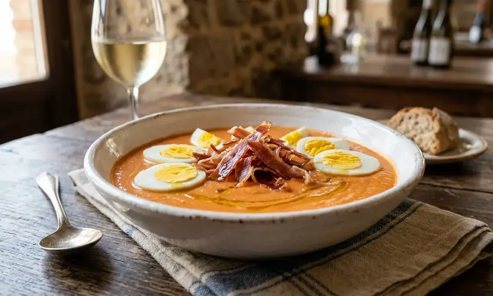 Salmorejo — thick chilled tomato soup with jamón de Trevélez and hard-boiled egg