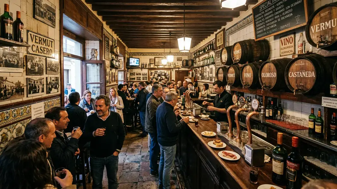 Interior of Bodegas Castañeda in Granada with wooden barrels, tiled walls, and vermouth on tap