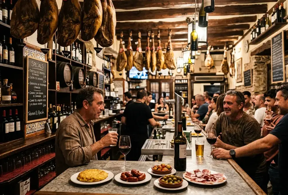 Why Granada tapas are free — a bar counter in Granada showing jamón legs hanging from ceiling, free tapa plates and wine glasses lined up, traditional bodega interior in warm evening light